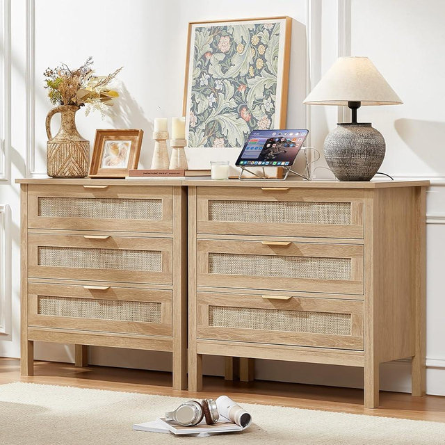 LEYAOYAO 31.5" Wide Rattan Nightstands Set of 2 with Charger Station, Large Boho 3 Drawer Night Stand, Natural Wood Bedside Table with Storage, Bed Side End Tables for Bedroom, Living Room, Hallway