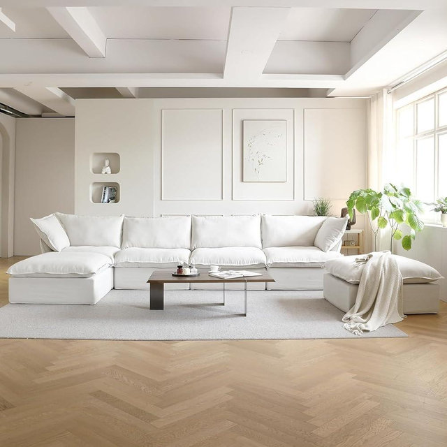 JACH U-Shaped White Cloud Sectional Couches, Deep 6-Seats Convertible Couch, Modular Sofa with Chaise Ottomans, Sofas Furniture for Living Room Bedroom Office Apartment (White)