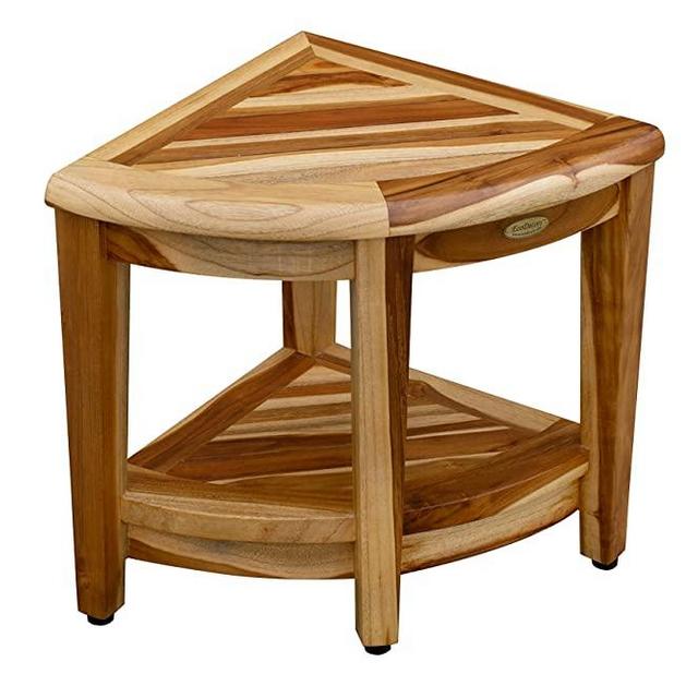 EcoDecors Oasis Teak Corner Shower Bench with Shelf, Natural