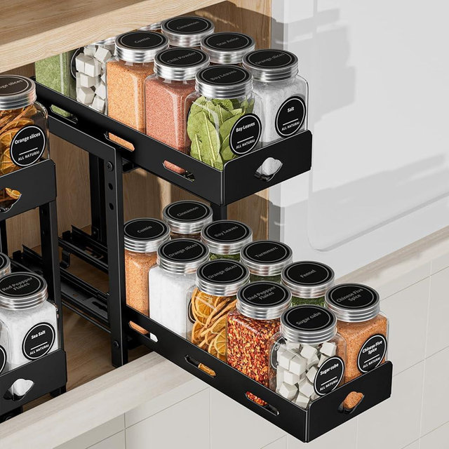 BOIVSHI Pull Out Spice Rack Organizer, 2-Tier Vertical Spice Rack, Height Adjustable for Kitchen Cabinet (5.3''Wx10.8''Dx9.2''H, Metal Black)