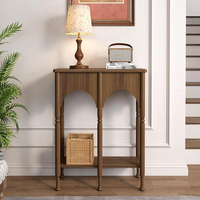 Topbele Console Table with Storage Shelf, 28" Retro 2-Tier Entryway Table, Wooden Sofa Table with Roman-Style Legs for Living Room, Hallway, Brown
