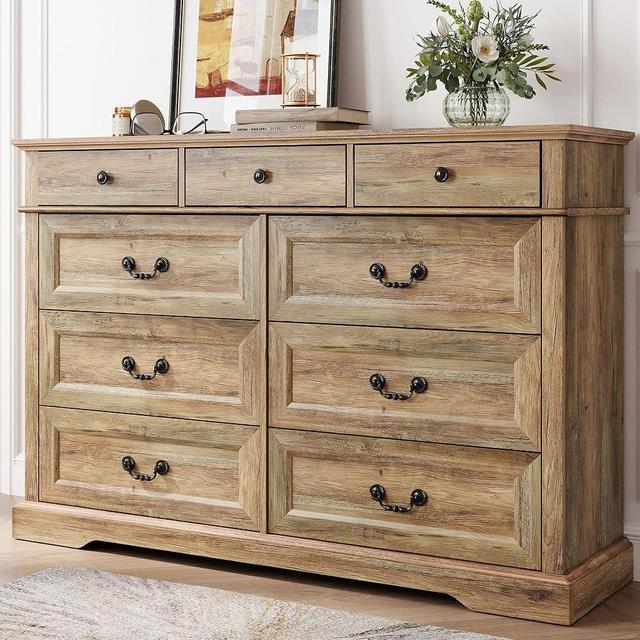 LINSY HOME Farmhouse 9 Drawers Dresser for Bedroom, Wood Bedroom Dresser Farmhouse Drawer Chest, 9 Chest of Drawer, Tall Dresser for Closet, Dressers Organizer for Living Room, Closet, Hallway, Brown