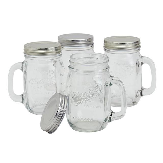 Mason Craft & More 8-Piece Glass Drinking Jars Tumblers Set with Handles Stainless Steel Lids, 16 oz.