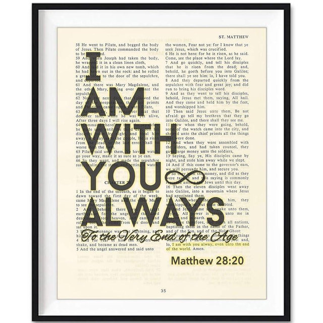 I Am With You Always, Matthew 28:20, Christian Art Print, Unframed, Vintage Bible Verse Scripture Page Inspirational Encouragement Wall Decor Poster Gift, 8x10 Inches