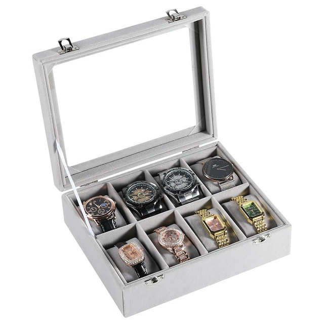Frebeauty 8-Slot Watch Box,Velvet Watch Case with Glass Lid,Watch Organizer Box for Men and Women,Lockable Watch Storage,Watch Display Case,Ideal Gift(Grey)