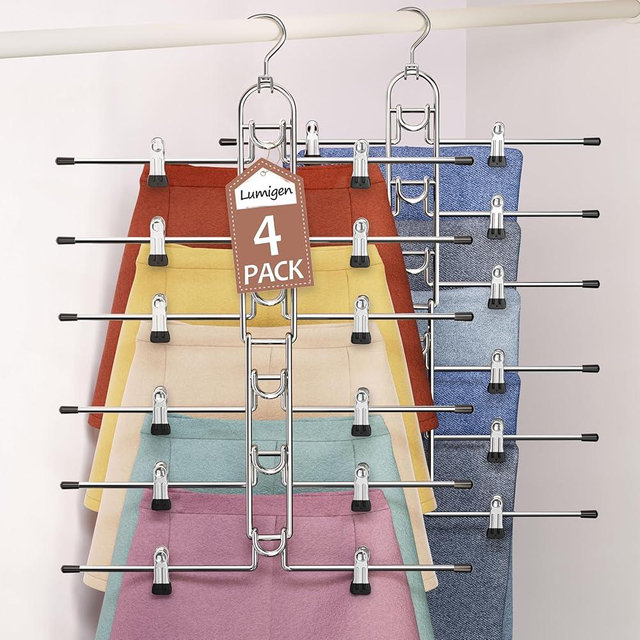 Pants & Skirt Hangers with Clips, Removable - Space Saving Hangers, 6-Tiers Foldable Skirt Hangers for Women - Hanging Closet Organizer and Storage-4 Pack