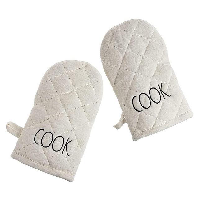 Rae Dunn Quilted Oven Mitt- Set of Two Heat Resistant Cotton Gloves for Cooking, Grilling, Baking, Kitchen Accessories, Cream Potholders, Embroidered Cook