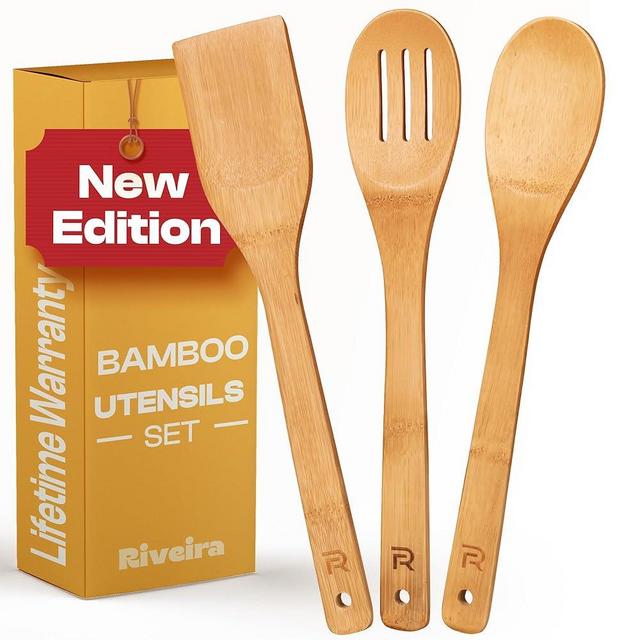 Riveira Bamboo Wooden Spoons for Cooking 3-Piece, Apartment Essentials Wood Spatula Spoon Nonstick Kitchen Utensil Set Premium Quality Housewarming Gifts for Everyday Use