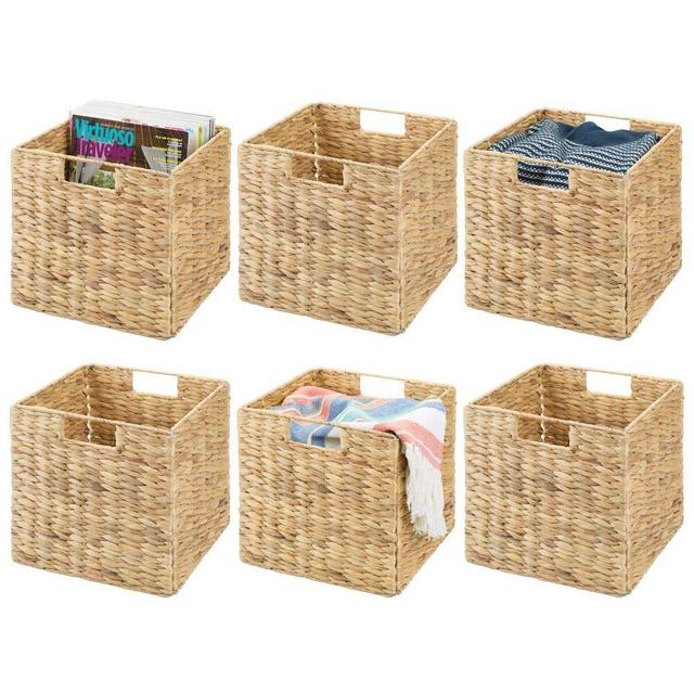 mDesign Natural Woven Hyacinth Closet Storage Organizer Basket Bin - Collapsible - for Cube Furniture Shelving in Closet, Bedroom, Bathroom, Entryway, Office - 6 Pack - Natural
