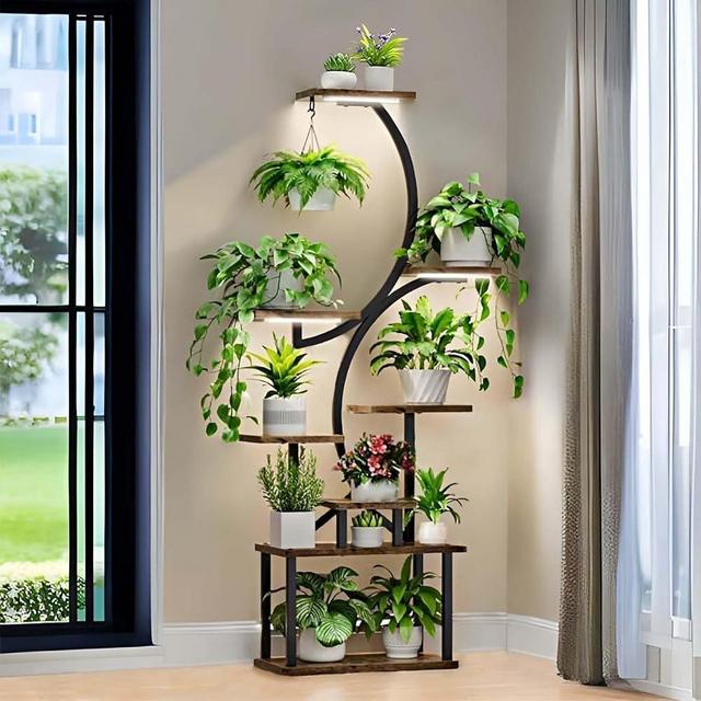 CEFZUM Plant Stand Indoor with Grow Lights, 59" 8 Tiered Tall Plants Shelf, S-shaped Metal Plant Flower Rack for Living Room, Garden, Patio (Black,Stock)