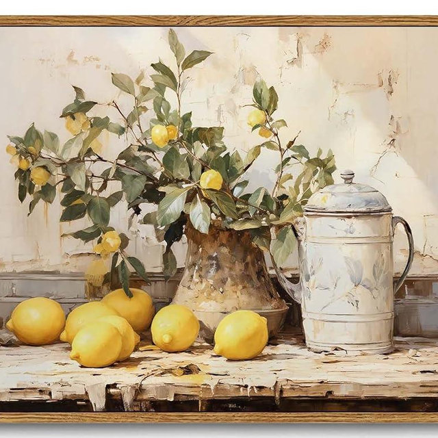 XLARTMY Framed Vintage Kitchen Wall Art, Yellow Lemon Still Life Wall Art Oil Paintings, Rustic Farmhouse Artwork Canvas Posters Prints Pictures for Living Room Bedroom 12x16In