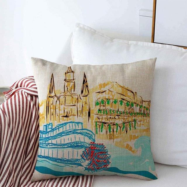 Throw Pillows Cover 16 x 16 Inches Colorful House Architecture Fashion Travel Cityscape New Coast Orleans City Silhouette Street Balcony Cushion Case Cotton Linen for Fall Home Decor