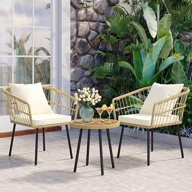 YITAHOME 3 Pieces Outdoor Wicker Patio Conversation Bistro Set, All-Weather Rattan Patio Furniture Set with Table & Cushions, Outdoor Sectional Sofa for Patio, Balcony, Backyard, Deck