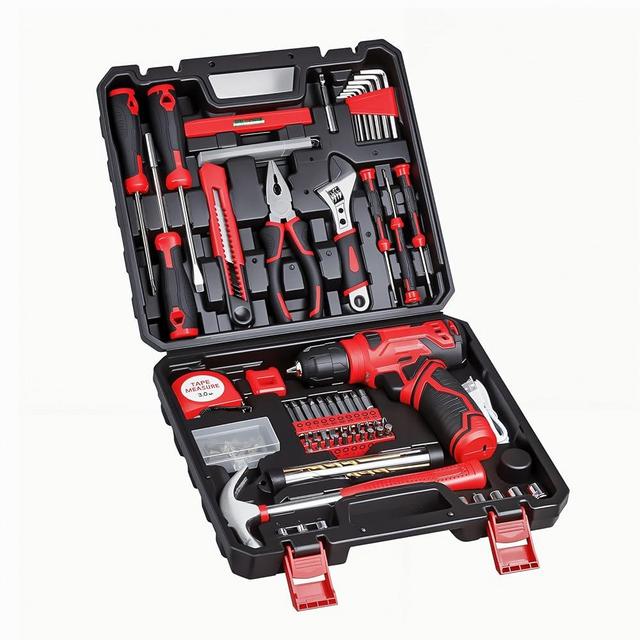 Tool Set - Tool Kit with 8V Cordless Drill, 132 Piece Tool Box with Drill, Home Tool Kits for Men & Women, Hand Drill Set Perfect for Homeowner, Diyer, Handyman - Red