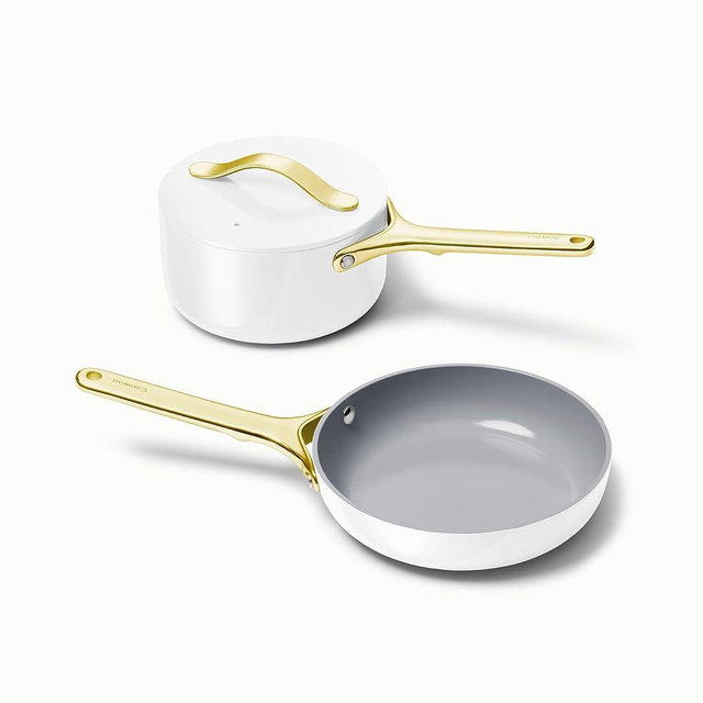 Caraway Mini Duo - Non-Stick Ceramic Mini Fry Pan (1.05 qt, 8") & Mini Sauce Pan (1.75 qt) - Non Toxic, PTFE & PFOA Free - Oven Safe & Stovetop Agnostic (Gas, Electric & Induction) - White