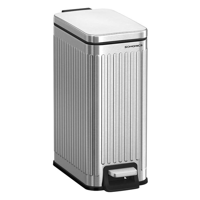SONGMICS Bathroom Trash Can, 1.6-Gallon (6 L) Trash Bin with Lid, Slim for Small Spaces, Stainless Steel Garbage Can, Soft Close, Silver ULTB563E01