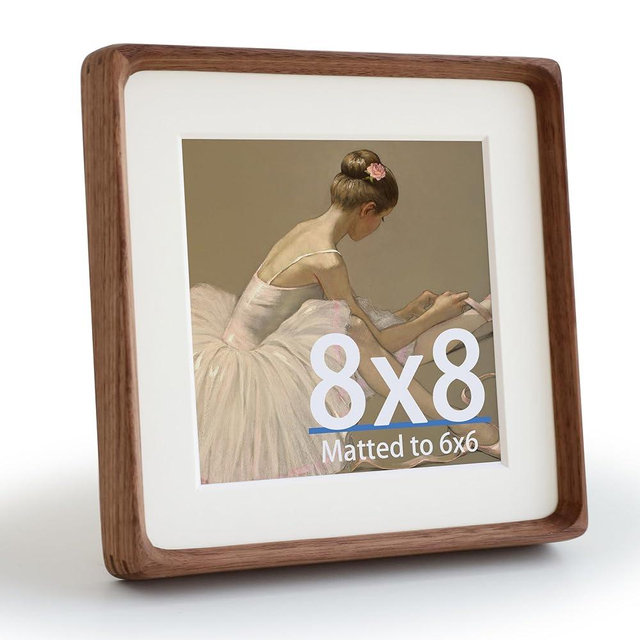 SoochART 8x8 Picture Frame with Mat for Pictures 6x6, Square walnut wood desk frame with plexiglass, perfect for room decor or as a thoughtful gift
