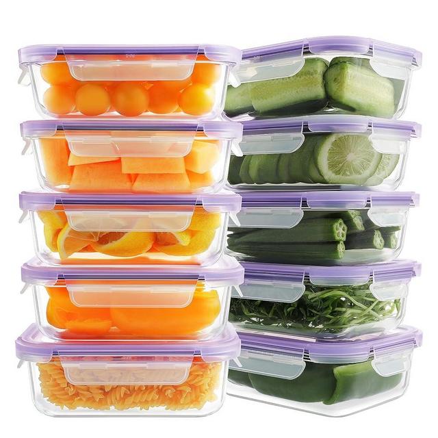 HOMBERKING 10 Pack Glass Meal Prep Containers, Glass Food Storage Containers with Lids, Airtight Glass Lunch Bento Boxes, BPA-Free & Leak Proof (10 lids & 10 Containers) - Purple