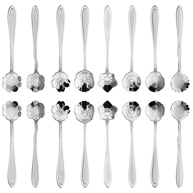 16 Pcs Flower Spoon Coffee Teaspoon Set, ESRISE Stainless Steel Tea Spoon Dessert Spoon, Cute Demitasse Scoop for Stirring Drink Mixing Milkshake Jam (Silver)