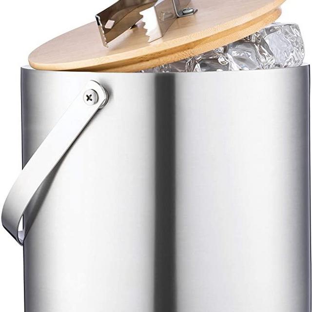Double-Wall Stainless Steel Insulated Ice Bucket With Lid and Ice Tong - [3 Liter] Modern Bamboo Lid With Built In Tong- Comfortable Carry Handle- Great for Home Bar, Chilling Beer, Champagne and Wine