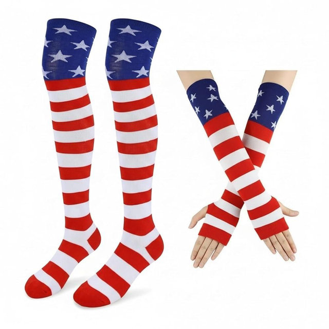 Gushijieju Team USA Accessories Women, Patriotic Fans Over Knee Socks Set, Red White and Blue American Flag Soccer Fans Olympic Apparel, Supporter Accessories for Game Day Outfits