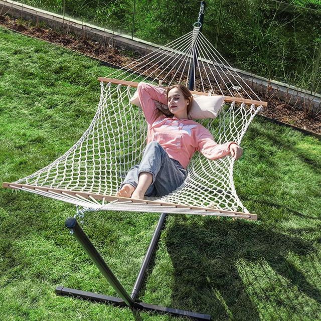 PNAEUT 2-Person Hammock with Space Saving Steel Stand Traditional Cotton Rope Double Hammock with Pillow for Porch Patio Garden Backyard Outdoor 450lb Capacity (Burlywood)