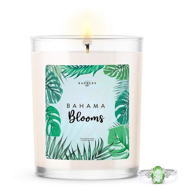 Kate Bissett Baubles Bahama Blooms Scented Premium Candle and Jewelry with Surprise Ring Inside | 10 oz Large Candle | Made in USA | Parrafin Free | Size 05