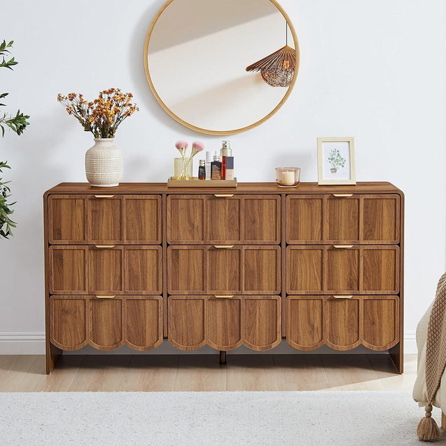 ORRD 9 Drawer Dresser for Bedroom, Modern Closet Chest of Drawers with Wave Fluted Drawer, Wood Storage Small Dresser Organizer for Nursery Bedroom Living Room Hallway Closet (Walnut)