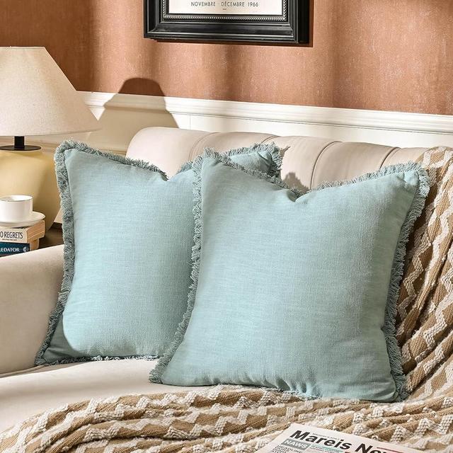 AmHoo Pack of 2 Linen Pillow Covers with Tassels Fringed Decorative Rustic Natural Throw Pillowcase Cushion for Couch Sofa Bedroom 18 x 18-Inch Cloud Blue