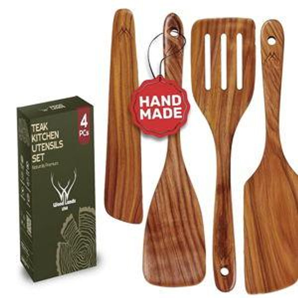 4PCS Wooden Spatula for Cooking – Premium Natural Teak Wood Set for Nonstick Cookware, Includes Paddle, Turner, Slotted Spurtle & Scraper, Smooth Comfortable Grip, Durable & Easy to Clean