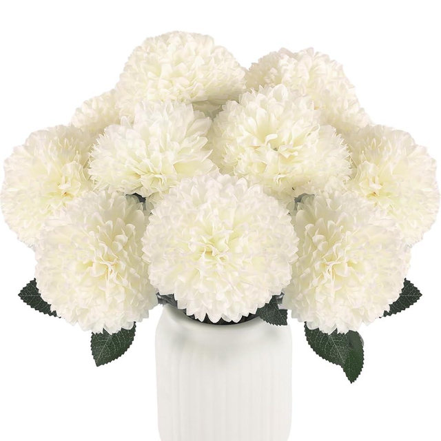 Hananona 12 Pcs Artificial Chrysanthemums Flowers Ball Flower, Fake Mums Flowers White Silk Flowers for Spring Home Decor Indoor Floral Arrangement Table Centerpiece (12, White)