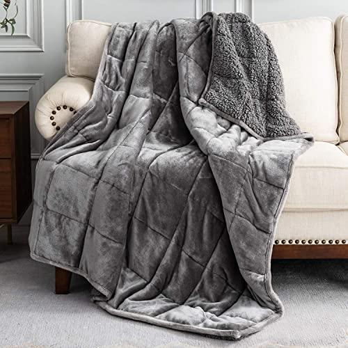 BUZIO Sherpa Fleece Weighted Blanket 15 lbs for Adult, Unicolor Ultra-Soft Fleece and Sherpa, Dual Sided Cozy Plush Blanket for Sofa Bed, 60 x 80 inches, Grey