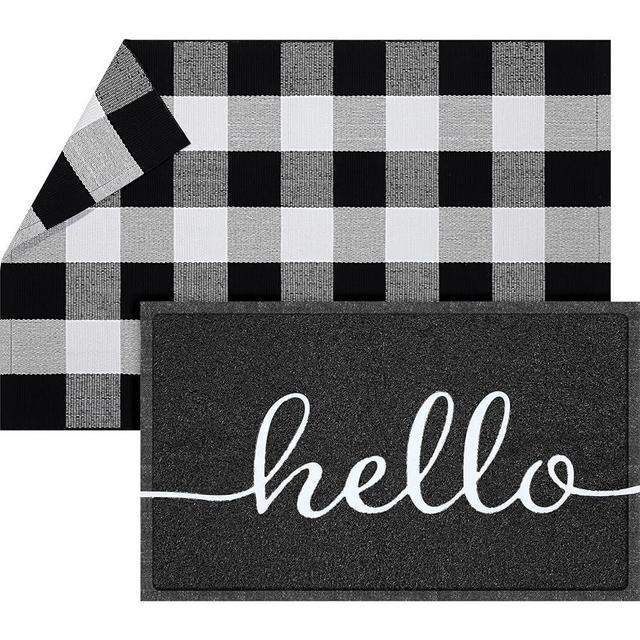 Geelin 2 Pcs Hello Doormat 30'' x 18'' Rustic Buffalo Outdoor Rug 43'' x 27.5'' Door Mats for Front Door Farmhouse Outdoor Doormats for Indoor Outside Entryway