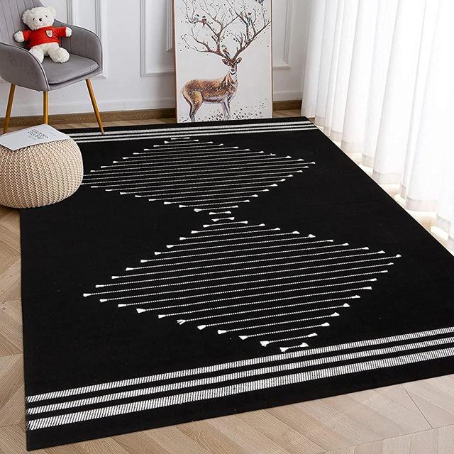 Boho Cotton Area Rug, 4'x6' Black Geometric Trow Rug Woven Diamond Soft Indoor Floor Mat Farmhouse Machine Washable Carpet for Kitchen Living Room Bedroom Decor