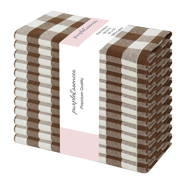 PurpleEssences Buffalo Plaid Cloth Napkins - Mitered Corners - Spring Summer Easter Gingham Check Dinner Napkin - Set of 12-100% Cotton - 18x18 Inch - Reusable Washable - Nut Brown and Half White