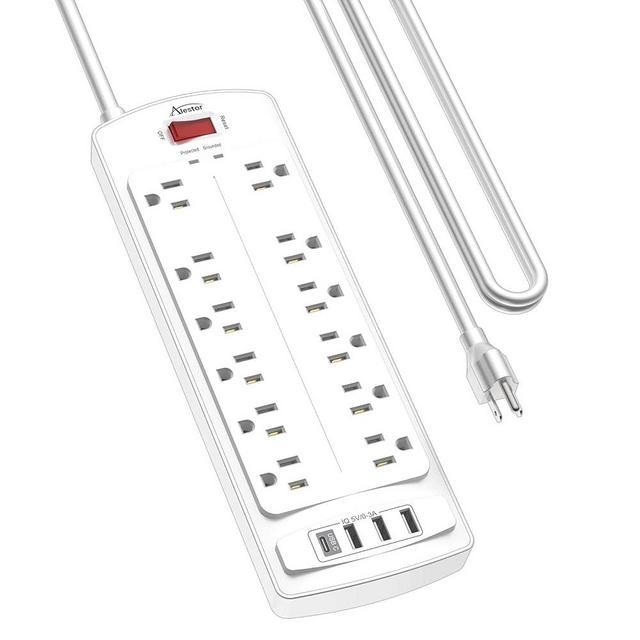 Power Strip, ALESTOR Surge Protector with 12 Outlets and 4 USB Ports(1 USB C Port), 10 Feet Extension Cord (1875W/15A), 2700 Joules, ETL Listed, White