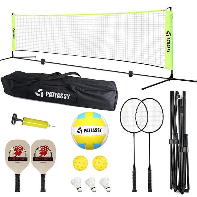 Patiassy Portable Indoor Outdoor Pickleball Volleyball Badminton Net Set - Easy Setup Sports Net with Badminton Rackets, Shuttlecocks, Volleyball, Paddles and Pickleballs for Beach, Driveway, 17ft