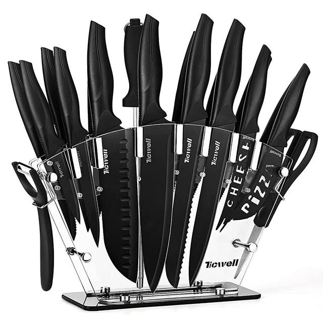 Knife Set TICWELL ESSENTIAL 19 Pieces Kitchen Knives Set High Carbon Stainless Steel Knife Block Set with Acrylic Stand Ultra Sharp Chef Knife Steak Knife, Scissors Peeler and Knife Sharpener