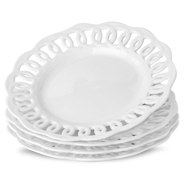 fMBB Round Appetizer Plate with Scalloped Edge Lace Rim, Set of 4, White 8 inch Ceramic Dessert Plates, Small for Cake Snack Side Dish, Microwave and Dishwasher Safe