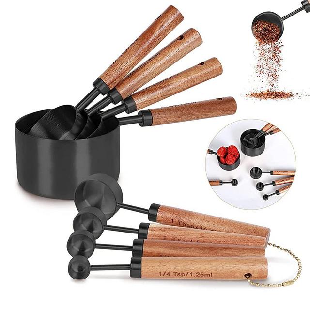 PrettyFine Collection 8 Piece Black Measuring Cups Set and Measuring Spoons, Golden With fragrant wood Handles-Complete Set of Measure Cups and Spoons For Cooking and Baking.