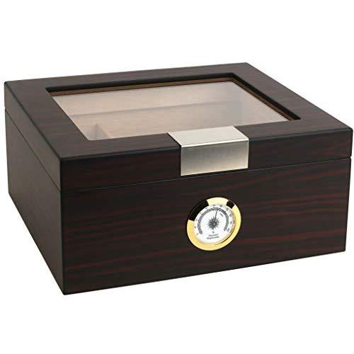 Mantello Ebony Glass-Top Cigar Humidor Humidifier Box with Hygrometer and Cedar Wood Humidity Packet Holder - Holds (25-50 Cigars)