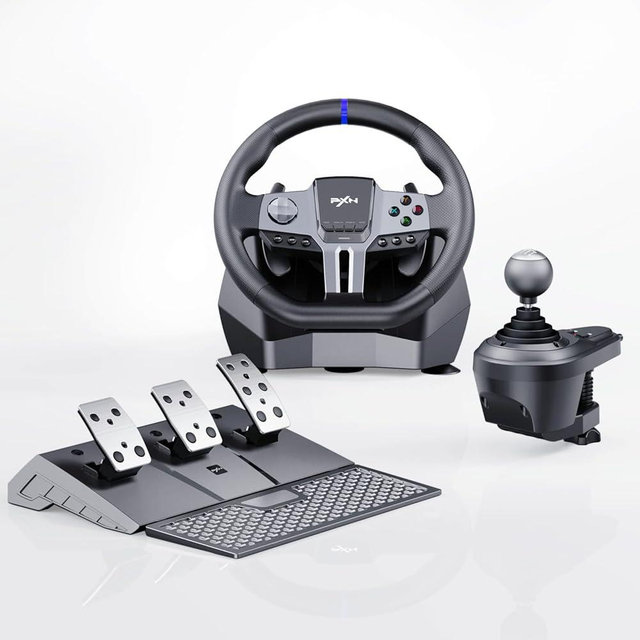 PXN - V9 Gen2 Racing Wheel, 270-900° Car Simulation, Dual - Mode, 3 - in - 1 Pedals and Shifter Bundle for PC, PS4, PS3, Xbox One, Xbox Series X/S, Switch