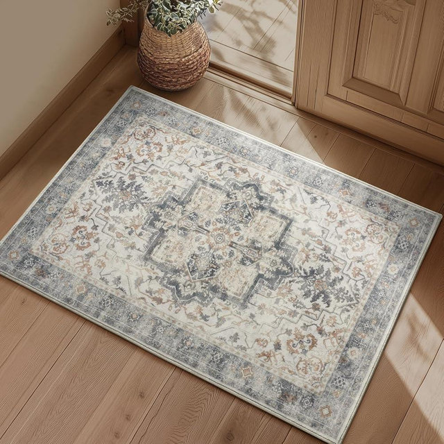 Jainmy Distressed Farmhouse 2x3 Kitchen Rugs Washable Non Slip, Transitional Retro Door Mat Indoor Entrance Entryway, Small Low Pile Rugs for Bedroom/Bathroom Vanity/Laundry Room, Grey/Orange-Brown