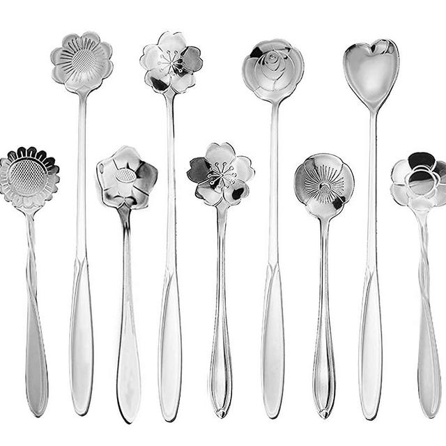 9 Pcs Flower Spoon Coffee Teaspoon Set, ESRISE Stainless Steel Tea Spoon essert Spoon, Cute Demitasse Scoop for Stirring Drink Mixing Milkshake Jam (Silver)