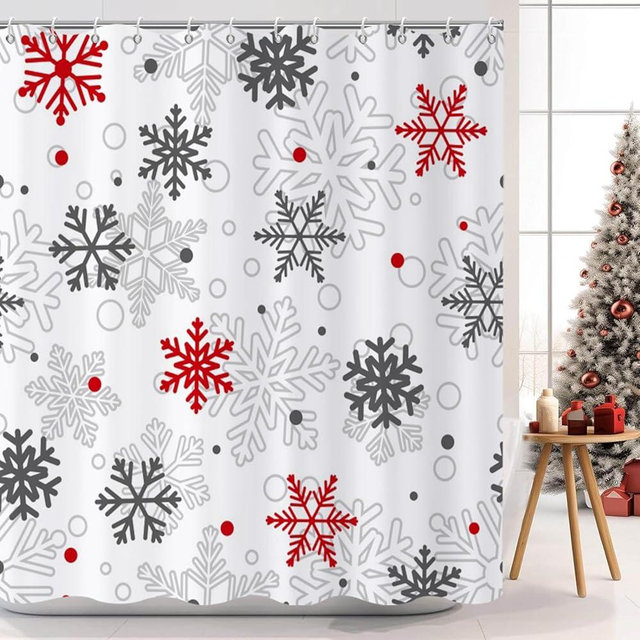 Caheansi Christmas Shower Curtain, Red and Grey Xmas Snowflake White Background Winter New Year Holiday Bathroom Curtain Waterproof Fabric Machine Washable with Hooks, 72" Wx72 L