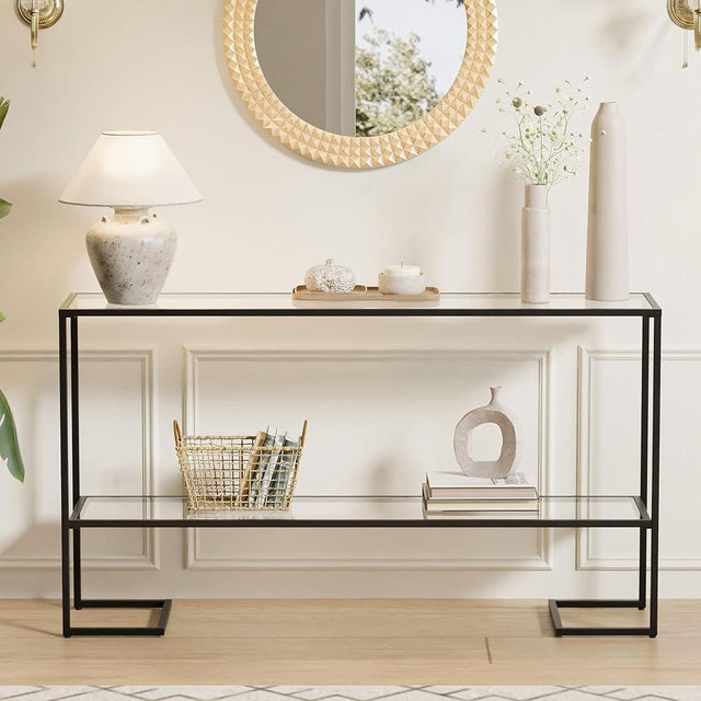 Cozy Castle 52" Console Table, 2-Tier Narrow Tempered Glass Sofa Table with Metal Frame for Living Room, Hallway, Bedroom, Black