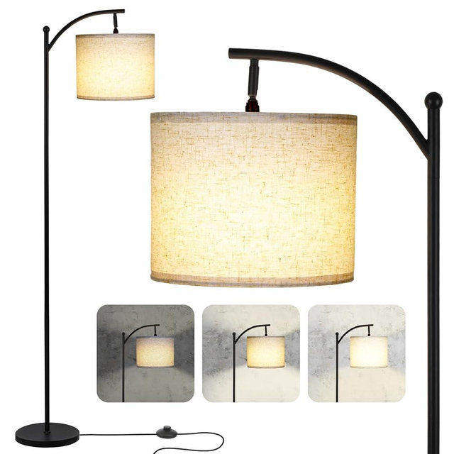 LALISU Modern Floor Lamp, 3-Ways Dimmable Standing Lamp with Linen Shade, Adjustable Height, Foot-Step Switch, Reading Lamp for Living Room, Bedroom, Office, 9W Bulb Included (Black)