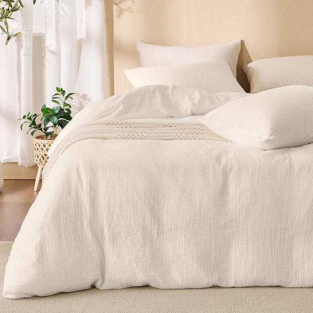 RENEWROOTS Ivory White Duvet Cover King, 100% Sandwashed Cotton Soft King Size Duvet Cover Set 3 Pieces with Zipper Clousre & Corner Buttons (Ivory White, King 104 x 90)