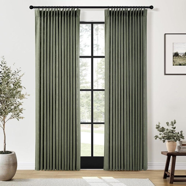 COMON HOME Sage Green Pinch Pleated Linen Curtains 84 Inches Long for Living Room Bedroom with Rings Hooks Clips Back Tab Semi Sheer Curtains Light Filtering Boho Farmhouse Drapes Light Green
