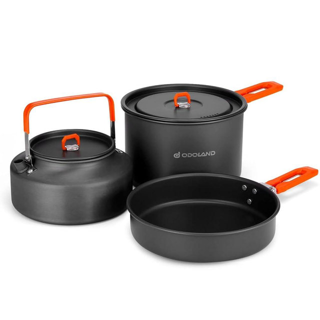 Odoland Camping Cookware Mess Kit, Camping Cooking Pot Fry Pan and 1.1L Kettle Set, Portable Camping Cookware Set with Mesh Bag for Camping, Backpacking, Outdoor Cooking and Picnic